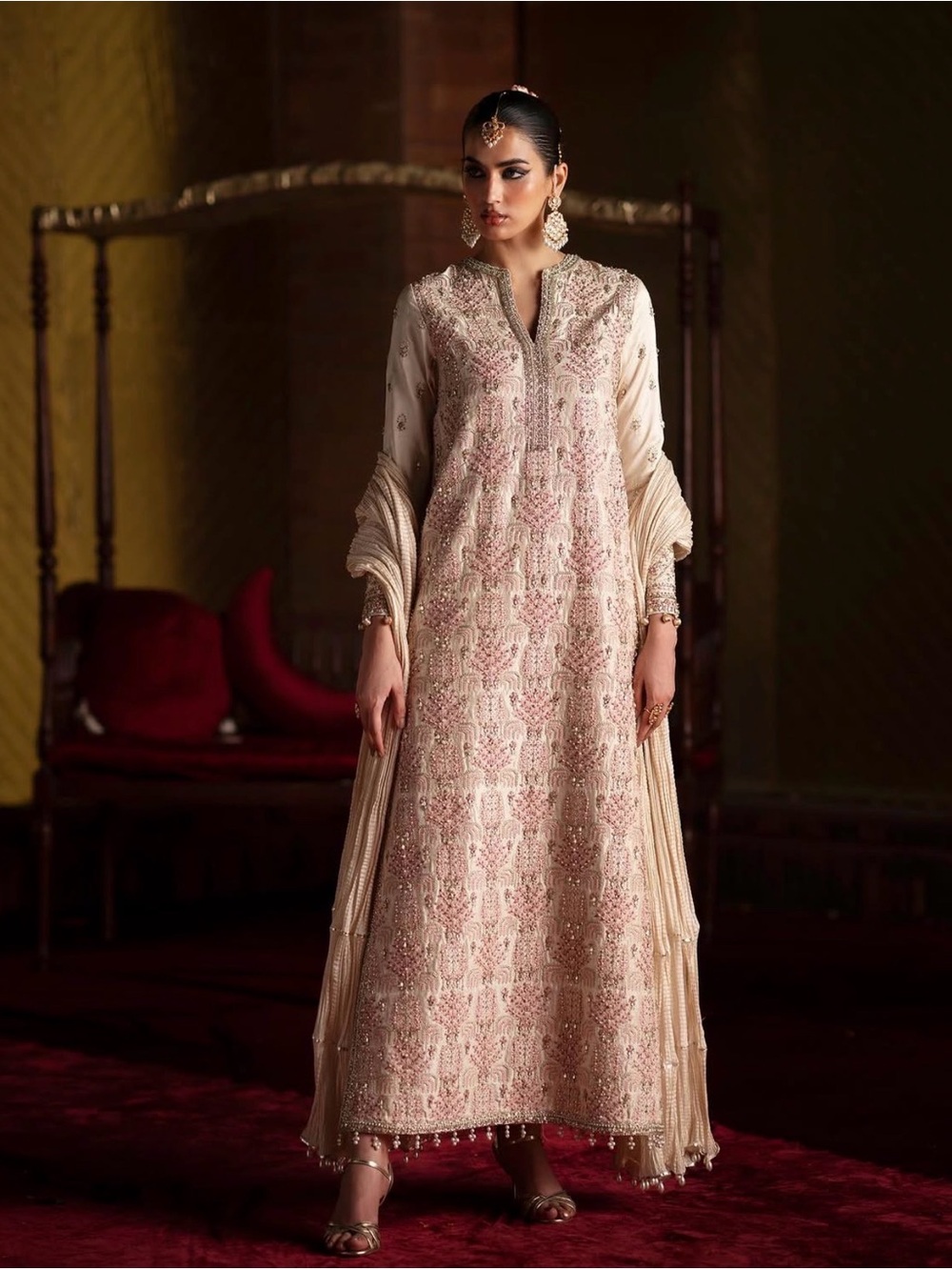 Saadbin outfit Elegant Cream & Blush Embroidered Women's Dress